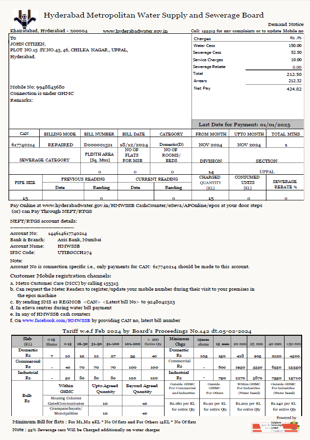 India Hyderabad Metropolitan Water Supply and Sewerage Board utility bill template in Word and PDF formats